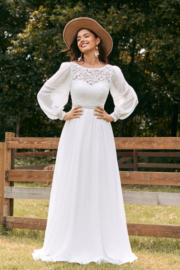 Vestido de novia largo boho de gasa Bateau marfil con encaje